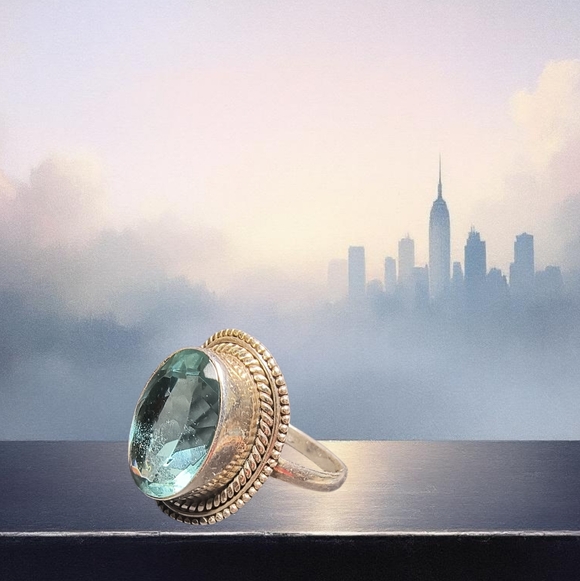 Jewelry - Vintage Handmade Light Blue Faceted Glass Crystal And Sterling Silver Ring